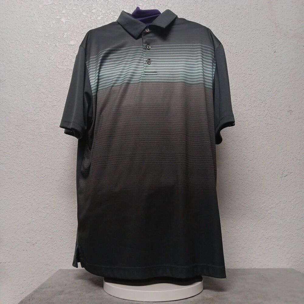 Men's PGA Tour Airflux Golf Polo  Short Sleeve Striped Shirt Gray Size Medium